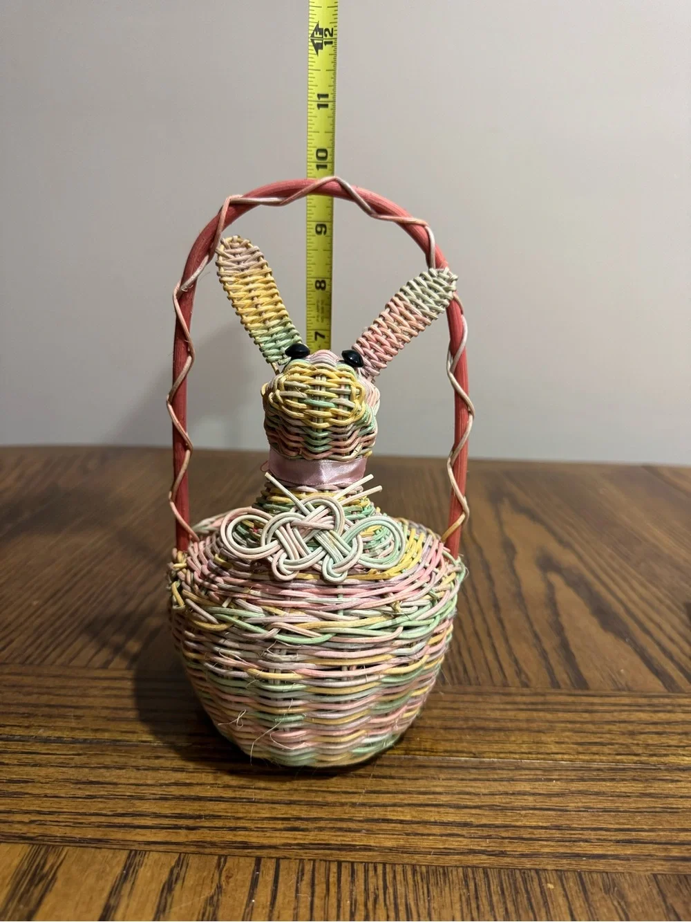 Woven Pastel Bunny Basket with pink, green, yellow & lavender eggs Easter decor